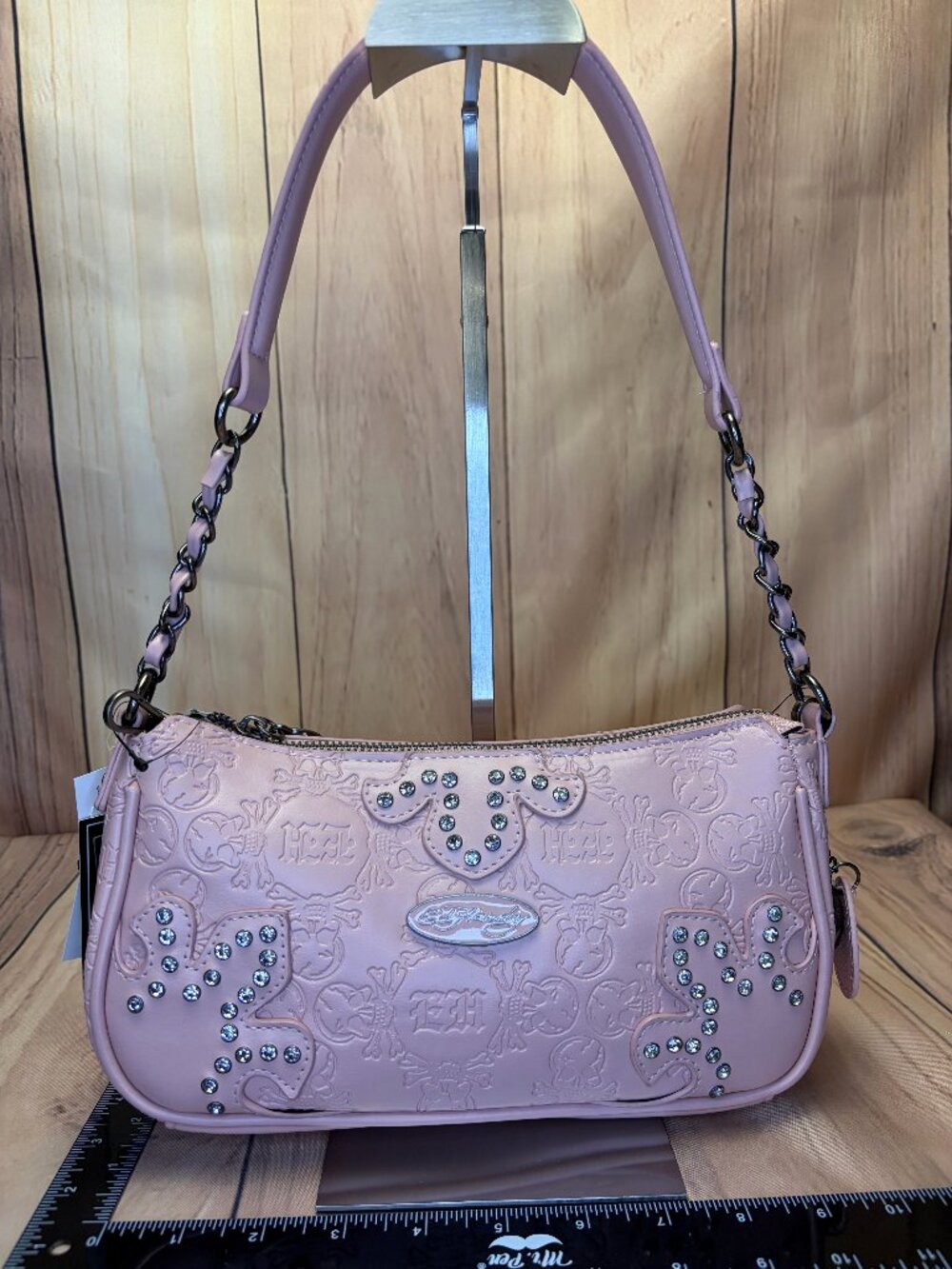 Ed Hardy pink skull shoulder bag with crossbody strap